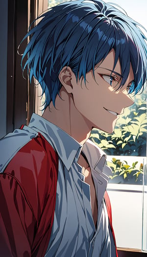 (hisash1mitsui)1boy, blue tinted hair, smile, white shirt, red jacket, looking out window, cool shot, semi side view, masterpiece, best quality, ultra high definition, 1080p,kaed3rukawa