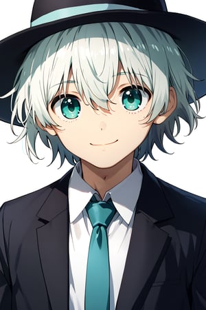 solo, looking at viewer, smile, short hair, bangs, simple background, 1boy, hat, white background, hair between eyes, closed mouth, green eyes, messy short white hair, male focus, necktie, aqua eyes, black headwear, portrait, fedora