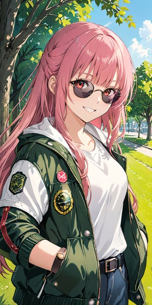 solo, looking at viewer, smile, long hair, bangs, pink hair, shirt, 1girl, red eyes, jacket, white shirt, upper body, female focus, outdoors, day, grin, open jacket, tree, phone, sunglasses, cellphone, grass, smartphone,  jacket, hands in pockets, phone screen