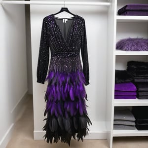 long black party dress with glitter and long sleeve with alot of purple feathers on it ,the dress hanging in closet