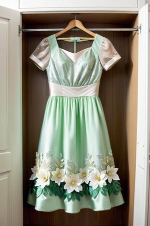 light half light white and half light green dress with glitter and flowers, short sleeve, the dress Hanging in the closet
