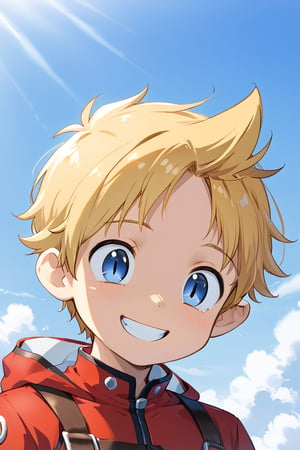 , 1boy, cool face,blonde hair, short Spike hair,blue eyes,,wear long in a  red suite costume, clear sky with a melancholy expression,upper_body ,smile,male forced ,cool look