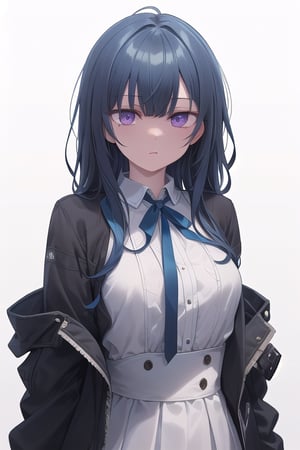 ((best quality)), ((masterpiece)), ((ultra-detailed)), extremely detailed CG, (illustration), ((detailed light)), (an extremely delicate and beautiful),  solo, ((upper body,)), ,wear black white jacket and blue shirt with white skirt ,annoying,look at viewer ,long ice blue hair,purple eyes,white background ,free style