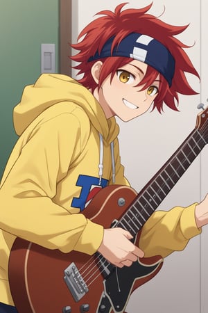  1boy,reki kyan, solo, red hair, yellow eyes, blue headband, yellow hoodie, messy hair, white shirt,hold a guitar ,smile