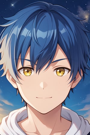 solo, looking at viewer, short hair, close mouth, bangs, 1boy, blue hair, yellow eyes, male focus, sky, portrait, star \(sky\), starry sky