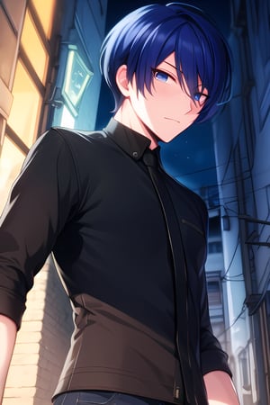 ultrahighres,masterpiece, best quality, Looking at viewer, 1boy, male_focus,,hair between eyes,spiky hair, short hair, upperbody, dark alley, night, from below, ,Blue hair