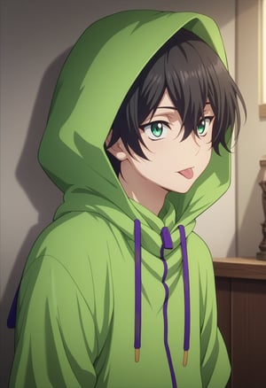 score_9, score_8_up, score_7_up, score_6_up, highly detailed, masterpiece, best quality,detailed,intricate details, amazing quality, best aesthetic, absurdres,source_anime,male focus, 1boy, Miya Chinen, black hair, green eyes, male focus,green hoodie,hood down,look so cute,sticking his tongue out
