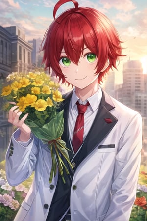 solo, looking at viewer, smile, shirt, 1boy, holding, red hair, green eyes,white  jacket, upper body, flower, ahoge, male focus, outdoors, necktie, holding flower,siams_helios_heros_r