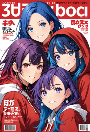 3girls, looking at viewer, smile, long purple hair, group, jewelry, blue hair, female focus, multicolored hair, earrings, virtual youtuber, hood, collar, blue eyes, red hoodie, piercing, hood up,haruka,magazine cover  