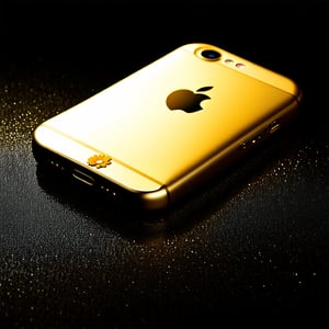 A 3D Apple phone majestically sits on a velvety black background, its glossy surface reflecting soft ambient light with photorealistic precision. The realistic lighting highlights every contour, emphasizing the phone's cutting-edge technology and minimalist design. Framed by a shallow depth of field, the gold cover with glitter flower appears vibrant and almost palpable against the dark backdrop.