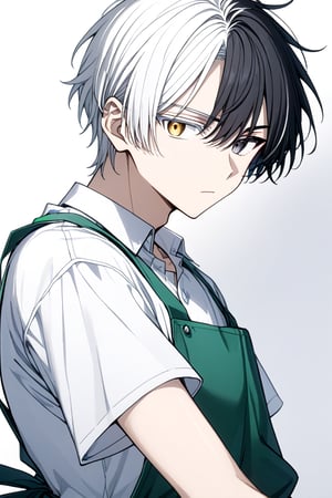 solo, looking at viewer, short hair, bangs, simple background, shirt, black hair, 1boy, white background, holding, closed mouth, yellow eyes, white shirt, white hair, short sleeves, male focus, multicolored hair, food, black eyes, apron, two-tone hair, grey eyes, heterochromia, holding food, split-color hair, onigiri, green apron