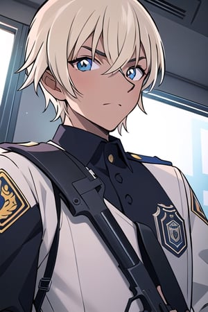 ((best quality)), ((masterpiece)), ((ultra-detailed)), extremely detailed CG, (illustration), ((detailed light)), (an extremely delicate and beautiful), a boy, solo, ((upper body,)), handsome,police cloth  ,look cool  ,look at the viewer,hold a gun,1boy