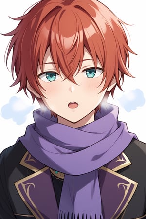 solo, looking at viewer, short hair, open mouth, bangs, 1boy, hair between eyes, jewelry, upper body, male focus, red hair, scarf,aqua eyes, blank_background, breath, purple scarf