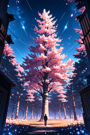 ,sakura tree ,(masterpiece),  best quality,  high resolution,  highly detailed,  detailed background,  cinematic light, night,  blue sky,  luminous tree,  giant tree,  white  with blue luminous veins,  white leaves,  stars,  blue tones,  wallpapers,  high quality,  glow,  magic,,,High detailed ,Color magic