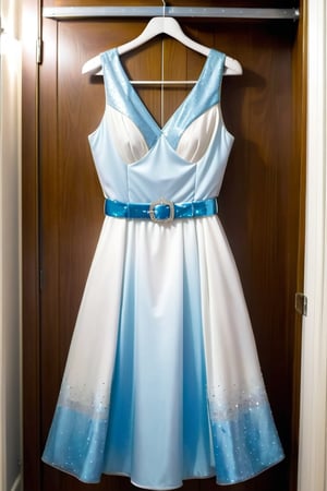 light half light white and half light blue dress with glitter and white belt,glitter, sleeveless, the dress Hanging in the closet
