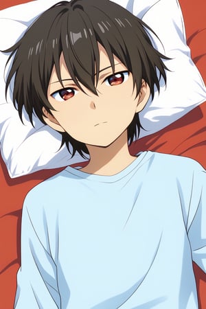 solo, shirt, long sleeves, 1boy, hair between eyes, closed mouth, black hair, hair down,male focus, lying, gradient, pillow, red eyes, gradient background,upper body,short hair,,kouta