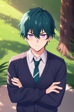 solo, looking at viewer, 1boy, school uniform, purple eyes, upper body, blue hair, male focus, outdoors, necktie, frown, crossed arms, cardigan, animal in zoo, ,Sage_Skyfall