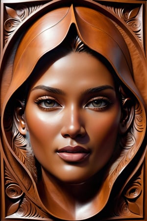 Masterpiece leather Art, pale brown leather color, highest quality, monochrome,leather portrait,deatailed carving face,Light master,light,aesthetic portrait,flat leather background,leather art, ((leather carving)), relief, ((embossed face structure)),dataviz style, detail leather texture