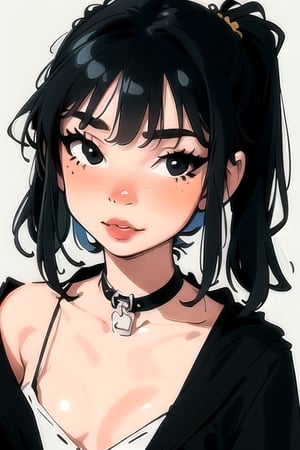 ((masterpiece, best quality, ultra detailed)), 1girl, belt, black hair, breasts, brown eyes, collarbone, couch, covered navel, fishnets, hair between eyes, jacket, yellow jacket, large breasts, lips, ponytail, skirt, black skirt, solo, Bags under eyes, dark circles, looking at the viewer, simple background illustration, textures,vibrant vector, flat design, flat art, minimal, simple 2d vector, flat palette vector, (girl), soft face illustration, textures,vibrant vector, flat design, flat art, minimal, simple 2d vector, flat palette vector, (girl), soft face,vibrant vector, flat design, flat art, minimal, simple 2d vector, flat palette vector, (girl), soft face, white background,illustration, textures, almond eyes, eyeleash, cartoonish, face, character,art, FML, illustration, landscapes, nature, outdoors, painting, washes, watercolor, watercolors,