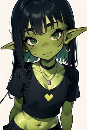 ((goblin girl)), green skin, colored green skin, black top and a necklace, 1girl,, solo, piercing, navel, black hair, jewelry, ear piercing, cleavage, tattoo, larges, shirt, black shirt, skirt, looking at viewer, crop top, short sleeves, midriff, makeup, multicolored hair, collarbone, bangs, gothic, hand up, choker, black eyes, purple hair , illustration, textures,PAINTING, DRAW, SKETCH,illustration, textures, almond eyes, eyeleash, cartoonish, face, character,vibrant vector, flat design, flat art, minimal, simple 2d vector, flat palette vector, (girl), soft face,