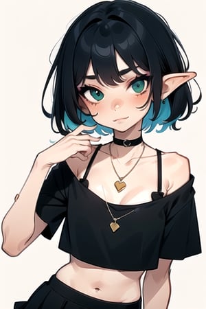 goblin girl, black top and a necklace, 1girl,, solo, piercing, navel, black hair, jewelry, ear piercing, cleavage, tattoo, larges, shirt, black shirt, skirt, looking at viewer, crop top, short sleeves, midriff, makeup, multicolored hair, collarbone, bangs, gothic, hand up, choker, black eyes, purple hair , illustration, textures,PAINTING, DRAW, SKETCH,illustration, textures, almond eyes, eyeleash, cartoonish, face, character,vibrant vector, flat design, flat art, minimal, simple 2d vector, flat palette vector, (girl), soft face,