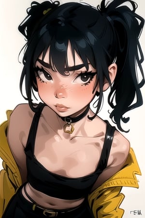 ((masterpiece, best quality, ultra detailed)), 1girl, belt, black hair, breasts, brown eyes, collarbone, couch, covered navel, fishnets, hair between eyes, jacket, yellow jacket, large breasts, lips, ponytail, skirt, black skirt, solo, Bags under eyes, dark circles, looking at the viewer, simple background illustration, textures,vibrant vector, flat design, flat art, minimal, simple 2d vector, flat palette vector, (girl), soft face illustration, textures,vibrant vector, flat design, flat art, minimal, simple 2d vector, flat palette vector, (girl), soft face,vibrant vector, flat design, flat art, minimal, simple 2d vector, flat palette vector, (girl), soft face, white background,illustration, textures, almond eyes, eyeleash, cartoonish, face, character,art, FML, illustration, landscapes, nature, outdoors, painting, washes, watercolor, watercolors,