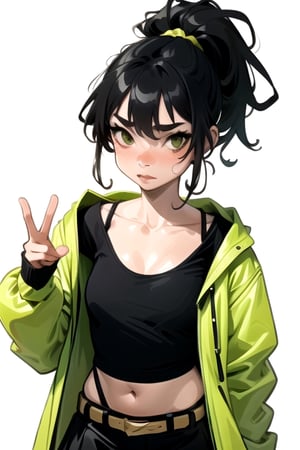 ((masterpiece, best quality, ultra detailed)), 1girl, belt, black hair, breasts, brown eyes, collarbone, couch, covered navel, fishnets, hair between eyes, jacket, yellow jacket, large breasts, lips, ponytail, skirt, black skirt, solo, Bags under eyes, dark circles, looking at the viewer, simple background illustration, textures,vibrant vector, flat design, flat art, minimal, simple 2d vector, flat palette vector, (girl), soft face illustration, textures,vibrant vector, flat design, flat art, minimal, simple 2d vector, flat palette vector, (girl), soft face,vibrant vector, flat design, flat art, minimal, simple 2d vector, flat palette vector, (girl), soft face, white background,illustration, textures, almond eyes, eyeleash, cartoonish, face, character,art, FML, illustration, landscapes, nature, outdoors, painting, washes, watercolor, watercolors,