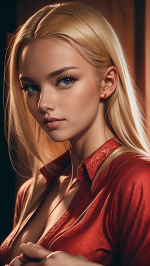 RAW photo,  portrait of a beautiful blonde woman wearing a red shirt (high detailed skin:1.2),  8k uhd,  dslr,  soft lighting,  high quality,  film grain,  Fujifilm XT3,  ((((hands))), 
,seek,dragon,portrait