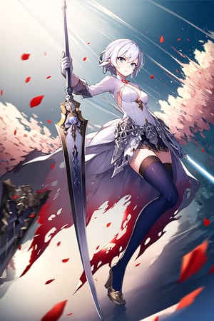 snowwhite, white hair, grey eyes, white torn dress, thighhighs, flower, black stockigns, wielding one sword, looking at viewer,(dynamic pose), at white cathedral, full body, depth of field,  dynamic light,best quality ,masterpiece 