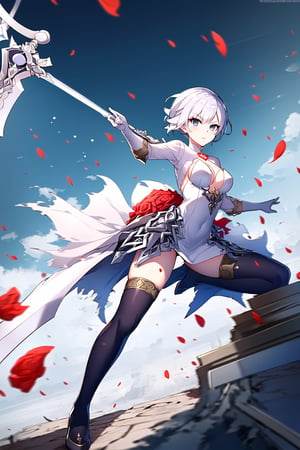 snowwhite, white hair, grey eyes, white torn dress, thighhighs, flower, black stockigns, wielding a sword, looking at viewer,(dynamic pose), at white cathedral, full body, depth of field,  dynamic light,best quality ,masterpiece 