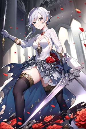 snowwhite, white hair, grey eyes, white torn dress, thighhighs, flower, black stockigns, wielding a sword, looking at viewer,(dynamic pose), at white cathedral, full body, depth of field,  dynamic light,best quality ,masterpiece 