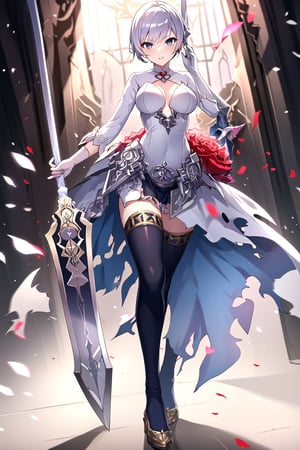 snowwhite, white hair, grey eyes, white torn dress, thighhighs, flower, black stockigns, wielding one sword, looking at viewer,(dynamic pose), at white cathedral, full body, depth of field,  dynamic light,best quality ,masterpiece 
