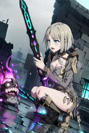 just a girl, Gretel, SINoALICE, teal eyes,  short hair, bob hair,  brown boots, wielding a purple sword, dinamic angle, crying in the rain  crawling on the ground at ruin city on fire , dinamic light, masterpiece