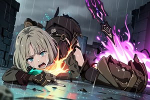 just a girl, Gretel, SINoALICE, teal eyes,  short hair, bob hair,  brown boots, wielding a purple sword, dinamic angle, crying in the rain  crawling on the ground at ruin city on fire , dinamic light, masterpiece