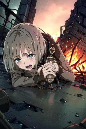 just a girl, Gretel, SINoALICE, teal eyes,  short hair, bob hair,  brown boots, dinamic angle, crying in the rain,  (crawling on the ground at ruin city on fire) , dinamic light, masterpiece
