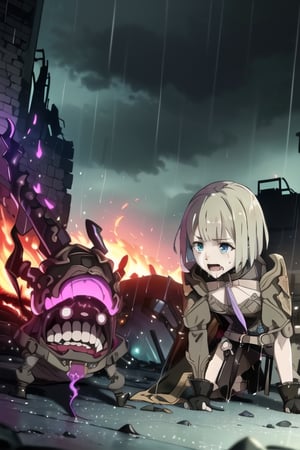 just a girl, Gretel, SINoALICE, teal eyes,  short hair, bob hair,  brown boots, wielding a purple sword, dinamic angle, crying in the rain,  crawling on the ground at ruin city on fire , dinamic light, masterpiece