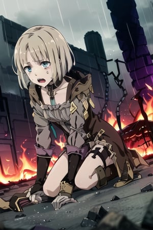 just a girl, Gretel, SINoALICE, teal eyes,  short hair, bob hair,  brown boots, wielding a purple sword, dinamic angle, crying in the rain  crawling on the ground at ruin city on fire , dinamic light, masterpiece