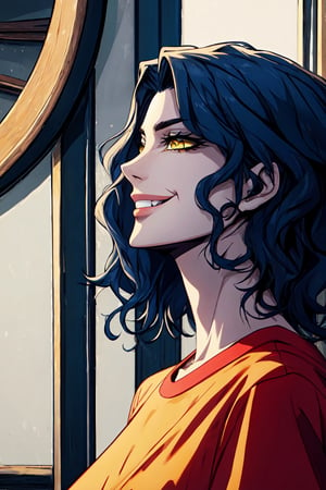 only head, side view, , 1girl, dark blue Hair , wavy, misheveled, yellow eyes, raised eyebrow, side smile, beatiful, red tshirt, 
masterpiece, high details, contrast, 