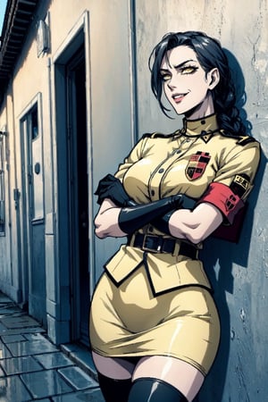  mature woman, dark blue hair, wavy Messy single braid, yellow eyes, pale white skin,wide hips, thick thights,small waist, detailed body, perfect body, high details, standing, seras victoria, yellow military uniform, yellow skirt, black gloves, red armband, thight-high stockings, black combat boots, Big smile, frown eyebrowns, crossed arms