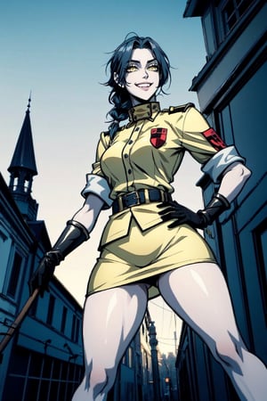low angle view,  mature woman, dark blue hair, wavy Messy single braid, yellow eyes, pale white skin ,Big smiling, wide hips, thick thights,small waist, detailed body, perfect body, high details, standing, hands on hips, seras victoria, yellow military uniform, yellow skirt, gloves, red armband