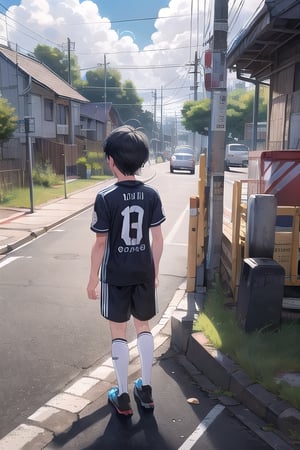 A 10-year-old boy with black hair is wearing White stockings, black shorts, white sneakers, a soccer team jersey. He stands at a 45-degree angle from the rear, waiting for the traffic light, viewed from an upward angle.,jyojifuku,inst4 style,1girl,masterpiece,sciamano240,pastelbg