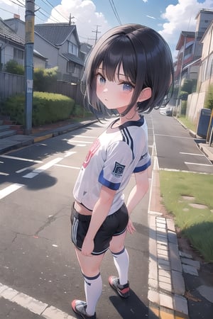 A 10-year-old girl with black hair is wearing White stockings, black shorts, white sneakers, Flat-chested,a soccer team jersey. He stands at a 45-degree angle from the rear, waiting for the traffic light, viewed from an upward angle.,jyojifuku,inst4 style,1girl,masterpiece,sciamano240,pastelbg