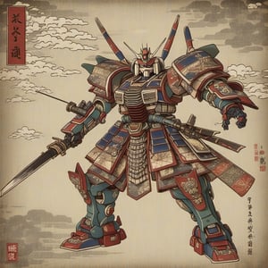 The illustration depicts a Gundam-like robot and is particularly influenced by the Ukiyo-e art style. The robots are decorated with intricate patterns, ornaments and weapons reminiscent of samurai armor. The overall colors and details are very exquisite. In the War, Ukiyo-e