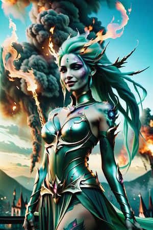 (Jinx, Legue of Legends, Arcane), Tall, thin, with tattoos of sky clouds and weapons on both hands. In a chaotic, postpunk background, after a bomb explodes and smoke is seen. She poses like a heroine, a savior, a face with a smile. hyperrealistic effect, More detail XL,LegendDarkFantasy, another bored detail, cinematic scene,DonMB4nsh33XL ,more detail XL,DonM3lv3sXL