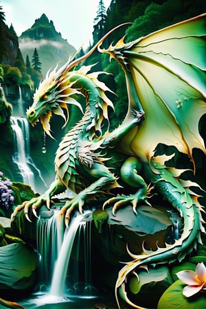 Imposing dragon, long and stocky, with numerous golden scales, natural. With a background of stones, magical waterfalls and trees. Lying on a rock, with its wings stretched and many scales. With a shower of petals. hyperrealistic effect, More detail XL,LegendDarkFantasy, another bored detail, cinematic scene,DonMB4nsh33XL ,more detail XL,DonM3lv3sXL