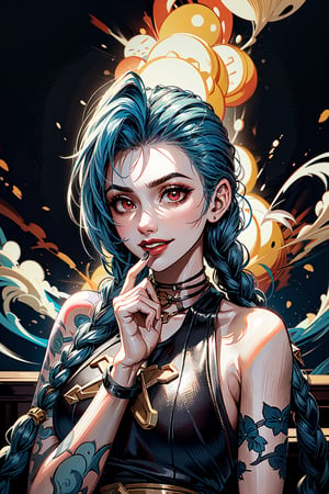 (Jinx, Legue of Legends, Arcane), Tall, thin, with tattoos of sky clouds and weapons on both hands, blue hair. In a chaotic, postpunk background, after a bomb explodes and smoke is seen. She poses like a heroine, a savior, a face with a smile. hyperrealistic effect, More detail XL,LegendDarkFantasy, another bored detail, cinematic scene,DonMB4nsh33XL ,more detail XL,DonM3lv3sXL,jinx (league of legends),ase_sese
Holding_gun, (best quality, masterpiece, colorful, highest detailed), Arcane, flirting, bokeh, (intricate details, hyperdetailed:1.15), full-body_portrait ,JinxLol,underboob tattoo,ase_sese
