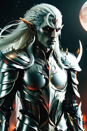 hyper realistic image of a male dark elf, long straight white hair, pale complexion, 30 years old, detailed black and gold armor. Long katana with details and light. Post victorious war snowy night background, bright and red moon. More detail XL,LegendDarkFantasy, another bored detail, cinematic scene,DonMB4nsh33XL ,more detail XL