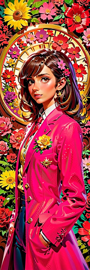 (Arielfstyle:1.0), Retro Ghibli scene, Light dream, terror, healing, Painting, lovecraftian, Ameinu, brown hair, pink jackets, symbols, blossom, high resolution, blazer, pink Eyes, yellow flower, yellow roses,, rozen, shirt, bun hair, White shirts, Halloween theme, style of Ghibli studio,masterpiece, best quality,HellAI,Enhanced All