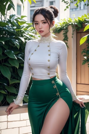 photorealistic, high resolution, masterpiece, best quality ,ultra-detailed, 1women, hair bun , jesmine flower on the head, mature female, solo, hips up, (wearing acmmsayarma outfit, acmmsayarma white top with buttons, long sleeves), ((acmmsayarma green long skirt)),Myanmar,wearing acmmsayarma outfit