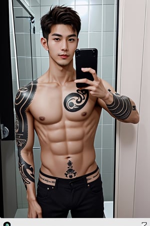 He is of mixed Italian and Taiwanese descent, takes a selfie in the bathroom mirror, has European and American tattoos, short hair, light brown hair, and black eyes,Handsome man,handsome men, strong, tall,Hybrid hunk, take iphone15